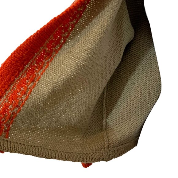 Hand Knit Cardigan Beige w/ Orange Geometric Design Open Front 3/4 Sleeves VTG - Picture 3 of 6